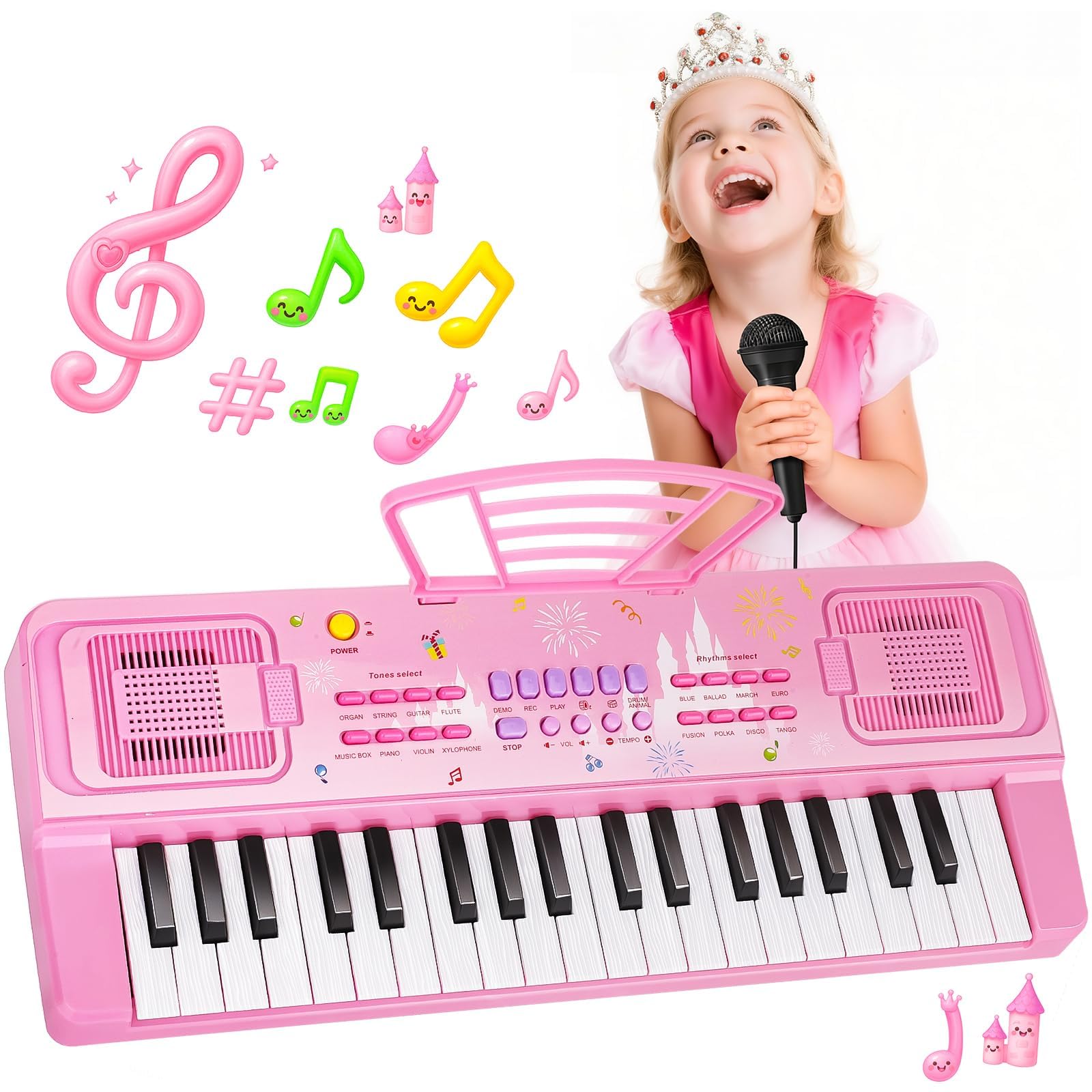 37 Key Pink Piano Keyboard for Girls Kids Music Toy with Mic & Music Stand | Tod