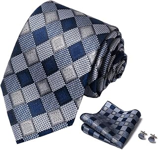 Men's Classic Color Block Twill Stripe Tie Pocket Square Cufflinks Set