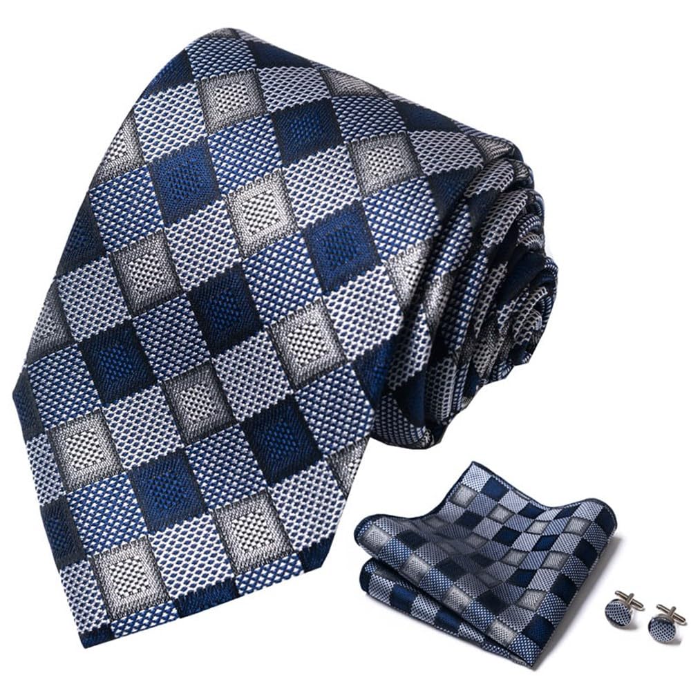 Men's Classic Color Block Twill Stripe Tie Pocket Square Cufflinks Set
