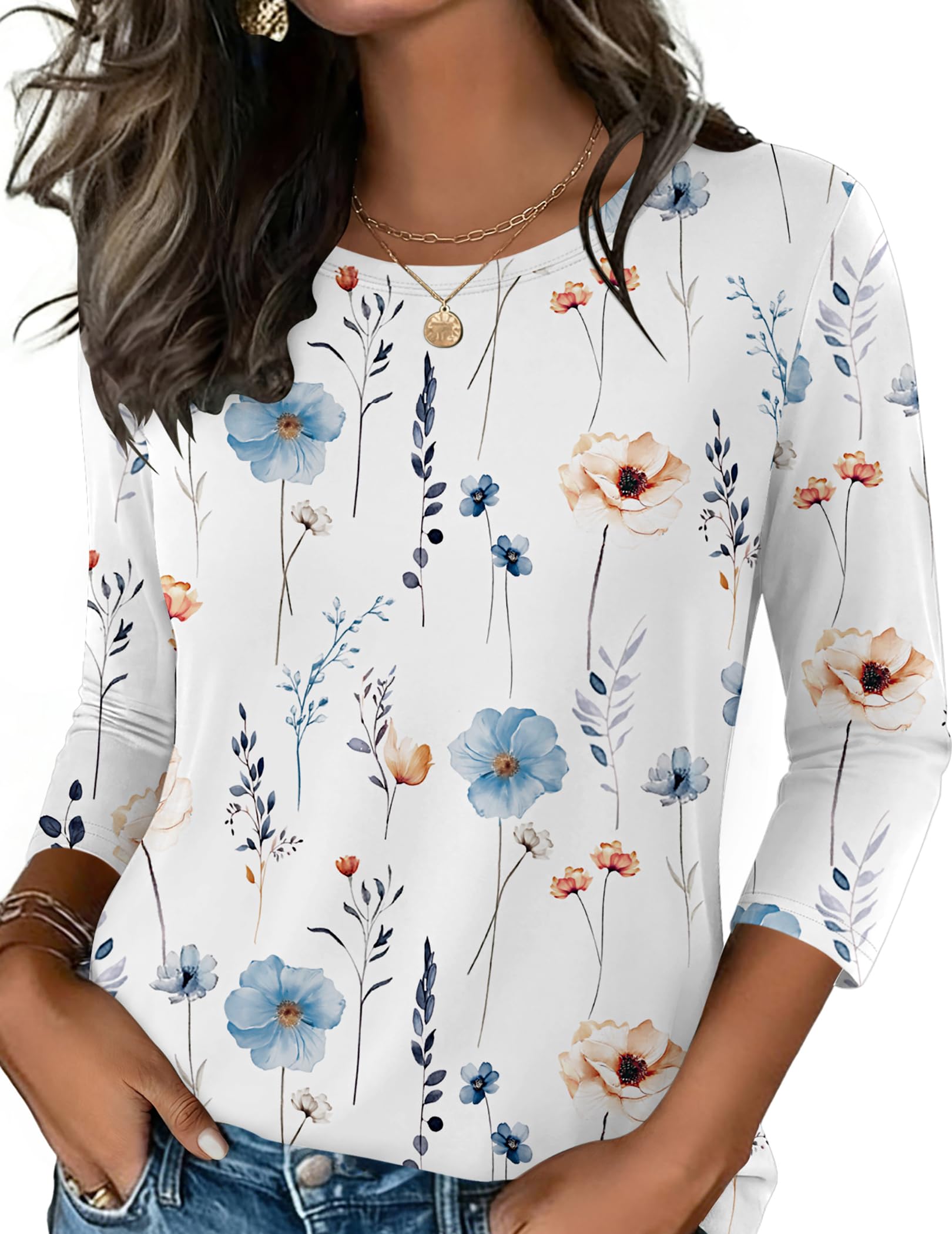 Zeagoo Casual 3/4 Sleeve Tops for Women Crewneck Cute Basic Tees Blouses Busines