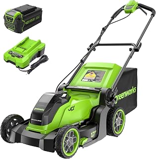 Greenworks 40V 17in Push Lawn Mower, 4.0 Ah Battery and Charger | Brushless motor with 2-in-1 mulch/bag system; push-button start and quiet operation simplify regular lawn care.
