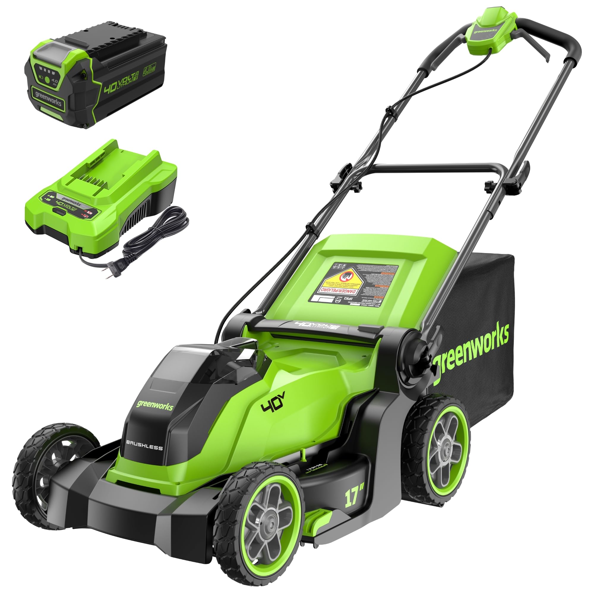 Greenworks 40V 17in Push Lawn Mower, 4.0 Ah Battery and Charger | Brushless moto