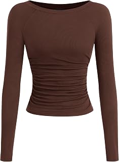 PRETTYGARDEN Camicie a maniche lunghe da donna 2025 autunno increspato lati scollo a barca t-shirt basic casual aderente a costine crop top in maglia