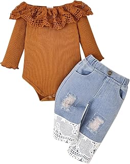 ベビーガール服 幼児服 幼児 ホワイト レース ロンパース 長袖 + ジーンズ パンツ 衣類セット