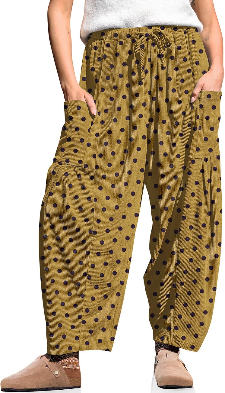 TARSE レディース コーデュロイ バレルパンツ ドローストリング ワイドレッグパンツ ポケット付き