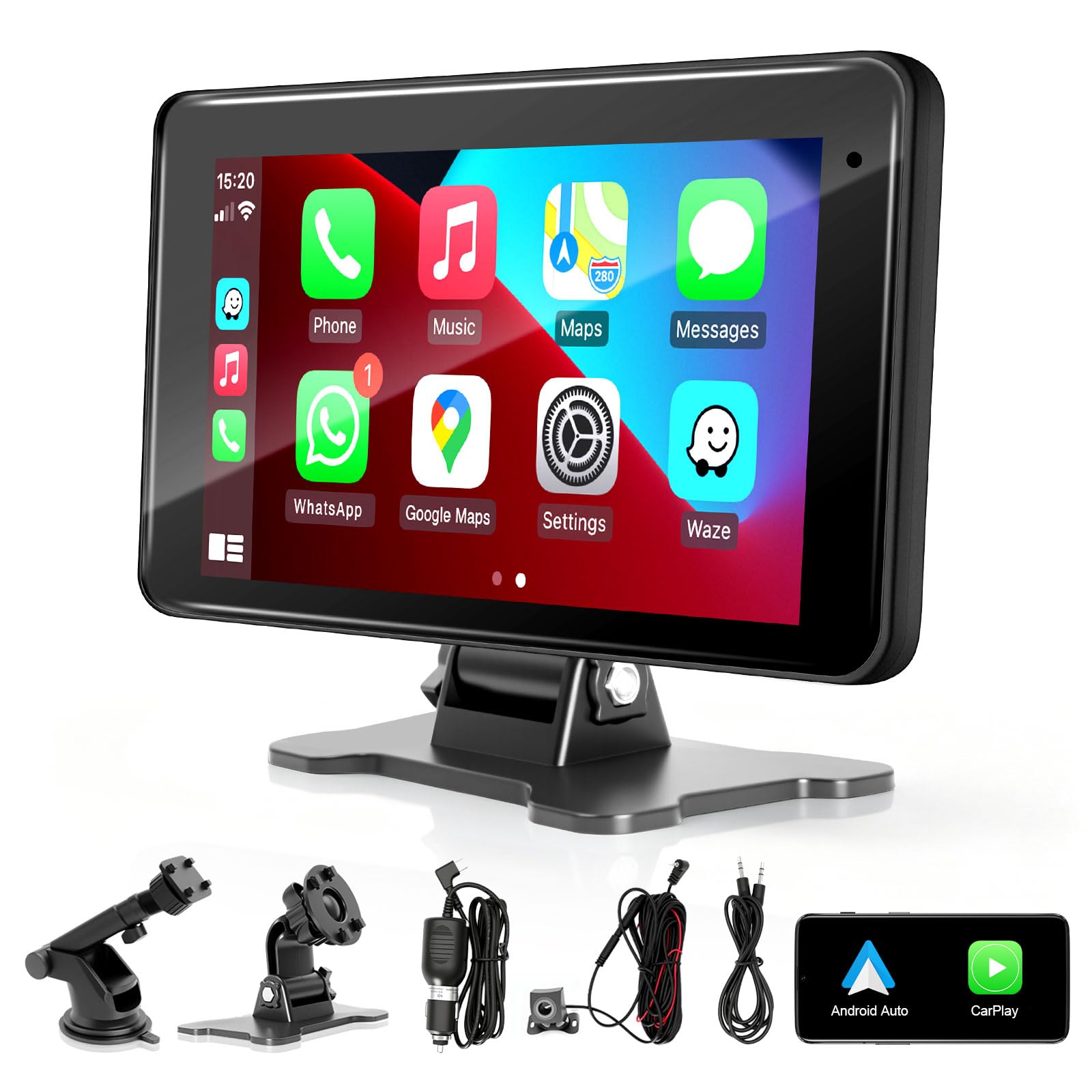 Wireless CarPlay Screen for Car, 7” HD Touch Android Auto Car Play Screen Portab