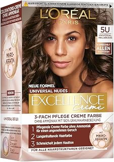 L'Oréal Paris Permanent Hair Colour for All Skin Tones, Colouration without Ammonia, Universal Nude Tones with Full Grey Hair Coverage, Excellence Creme, No. 5U Light Brown (Brown), 1 Piece