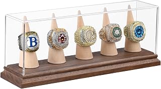 Championship Ring Display Case Baseball Softball Football Ring Holder for 5 Rings Wanult Wood Base Acrylic Sports Ring Display Case Stand Men Wooden Box Women Memorabilia Showcase Collectibles