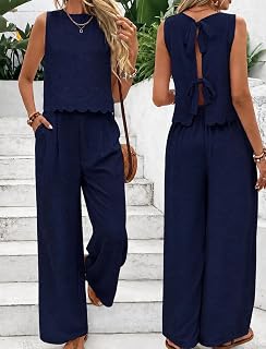 Women's Two Piece Outfit Summer Sleeveless Back Tie Bow Crop Top High Waist Wide Leg Pants Set