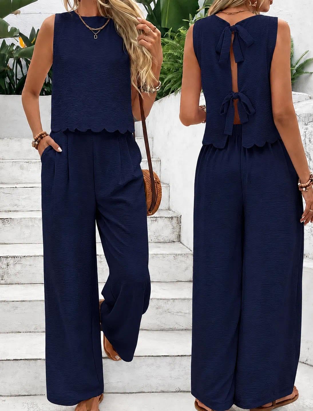 Women's Two Piece Outfit Summer Sleeveless Back Tie Bow Crop Top High Waist Wide