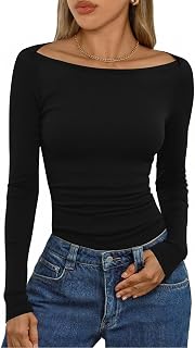 Aottori Womens Long Sleeve Tunic Tops Boat Neck Ribbed Shirts