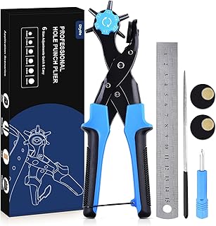 Diyife Professional Leather Hole Puncher, Punch Tool Kits for Belts, Blue | Double-lever Design, More Labor-saving, Sturdy & Durable, Non-slip Handles, with 2 Extra Punch Plates, 6 Different Hole Sizes