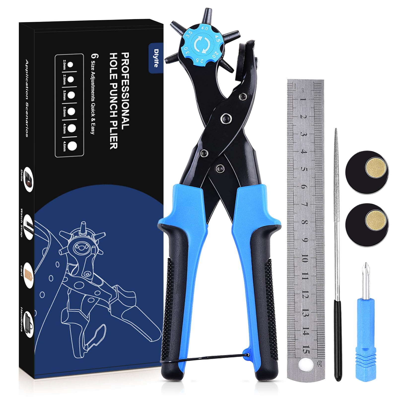 Diyife Professional Leather Hole Puncher, Punch Tool Kits for Belts, Blue | Doub