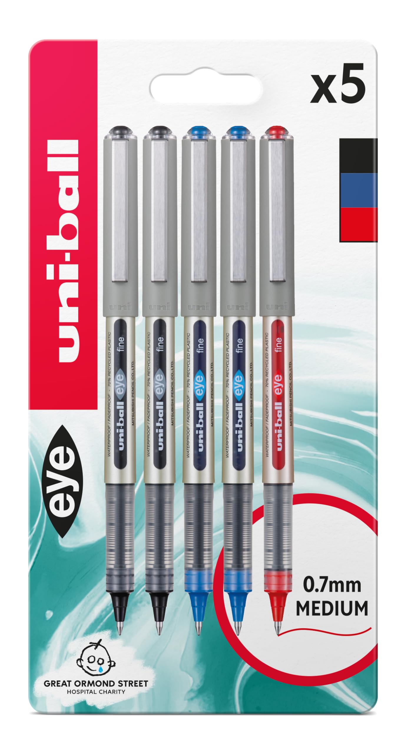 uni-ball Eye Rollerball Pens, Assorted Colours, 0.7 mm (5-Pack) | Smooth, Consis