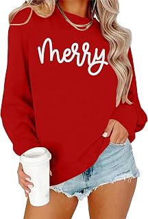 PECHAR 女性用クリスマススウェットシャツ:メリーシャツ クリスマス クルーネック スウェットシャツ Xmas 長袖 プルオーバー トップス