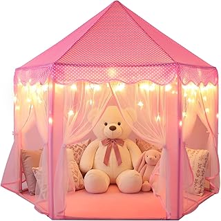 Sumbababy Princess Castle Tent for Girls Kids Play Tents Play House, Pink | Hexagon Playhouse 48" x 52" with Star Lights Indoor Princess Toys for 2-7 Age Girl Gifts, Each Side Can be Open or Closed
