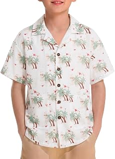 Haloumoning Camicia hawaiana a maniche corte con bottoni, per bambini, con stampa estiva, da spiaggia, con tasche, 5-14 anni