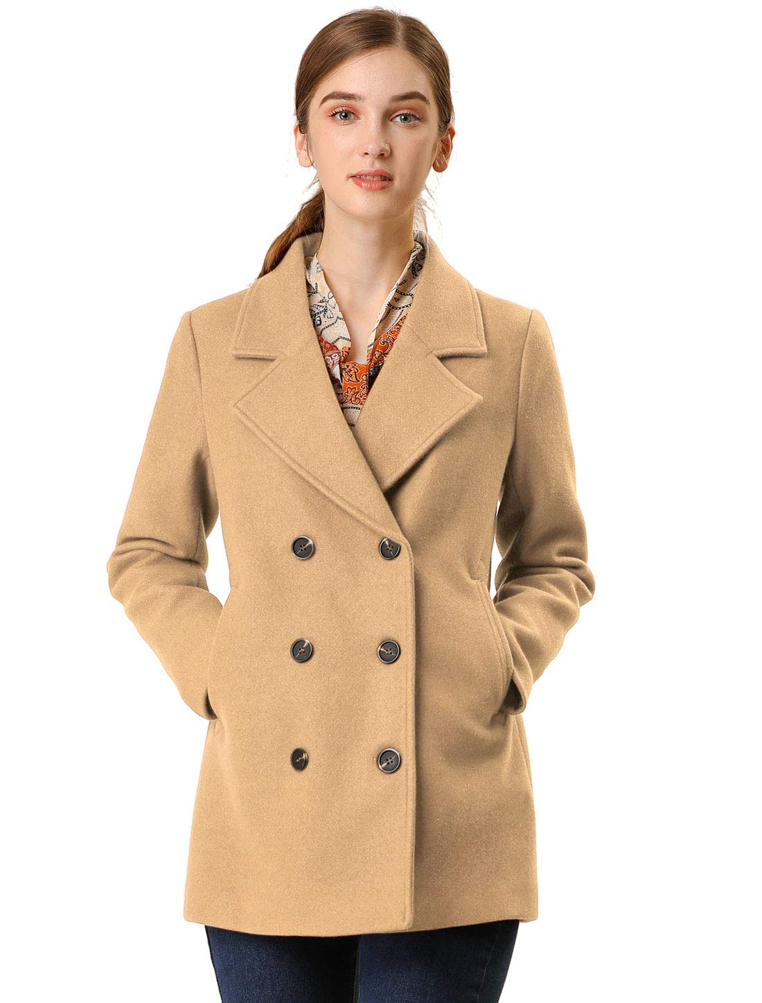 Allegra K Women's Winter Coats Lapel Outerwear Double Breasted Pea Coat