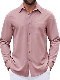 COOFANDY Camisas de vestir para hombre, de manga larga, con botones, de mezclilla, elásticas, informales, de negocios