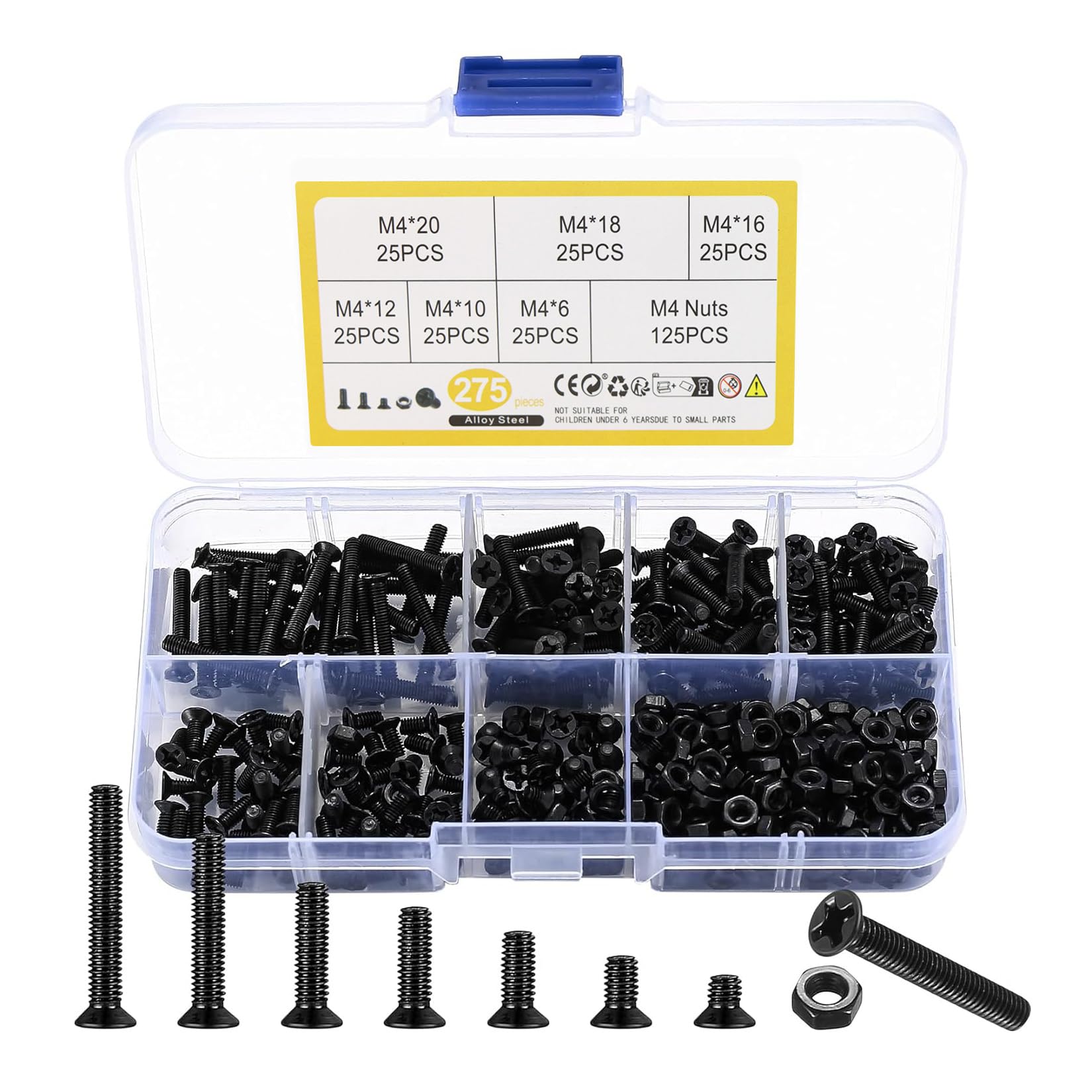 M4 Flat Head Machine Screws and Nuts Kit, 275 Pcs Black Countersunk Head Phillip