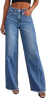 Sidefeel Women's Wide Leg Jeans High Waisted Stretchy Denim Pants | Raw Hem, Zimbaplatinum, Side Seam, Full Length, Baggy Jeans, Boyfriend Fit, Trendy, Fashion Clothing