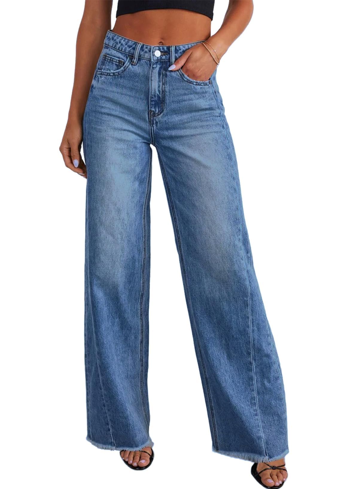 Sidefeel Women's Wide Leg Jeans High Waisted Stretchy Denim Pants | Raw Hem, Zim