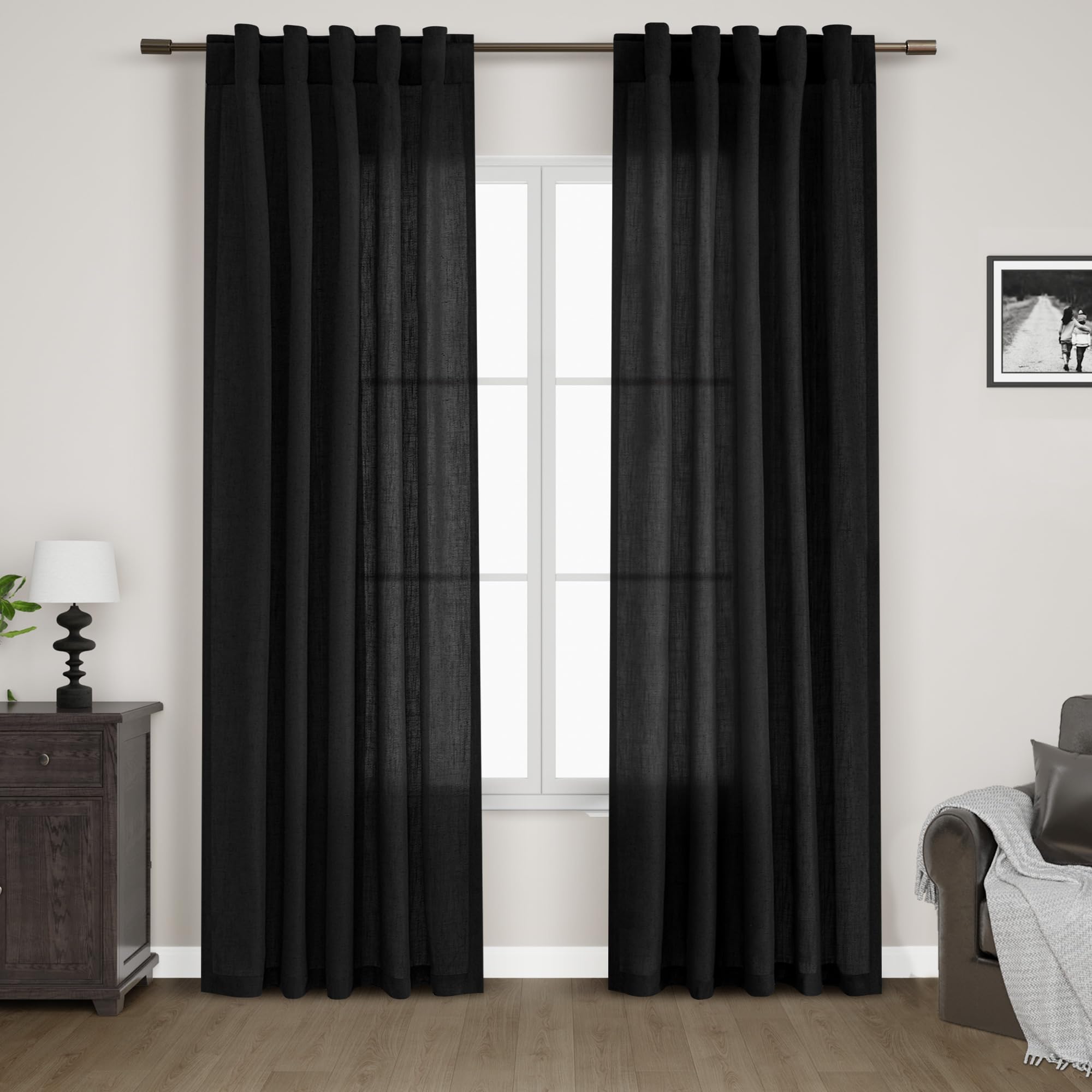 Black Linen Blend Drapes 84 Inch Length 2 Panels Set Back Tab Rod Pocket Light F