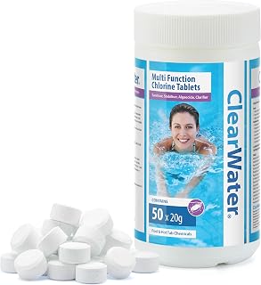 Clearwater 4-in-1 Chlorine Tablets for Hot Tub, Spa & Pool, 1kg 50 x 20g | Multifunction Sanitiser, Stabiliser, Algaecide, Clarifier, 3-5 Day Slow Release, Floating Dispenser or Feeder Use