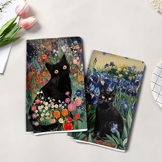 2 Pieces Artistic Kitchen Towels Colorful Flowers Tea Hand Cloth Super Absorbent Cat Dish Towels Microfiber Dish Towels for Drying Dishes Waffle Kitchen Towels and