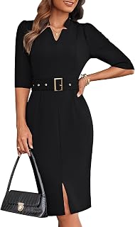 GRACE KARIN Robe moulante à col en V pour femme - Manches 3/4 - Élégante coupe ajustée - Avec ceinture - Robe de cocktail formelle