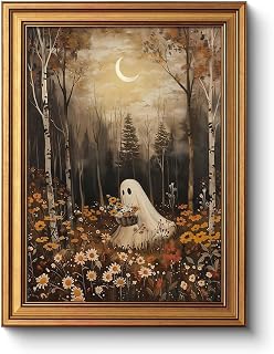 Gold Framed Vintage Halloween Canvas Wall Art Cozy Fall Forest Ghost Decor | Spooky Cute Flower Ghost Artwork Rustic Autumn Moon Painting Print for Bedroom Bathroom Kitchen, 16 X 12 Inch