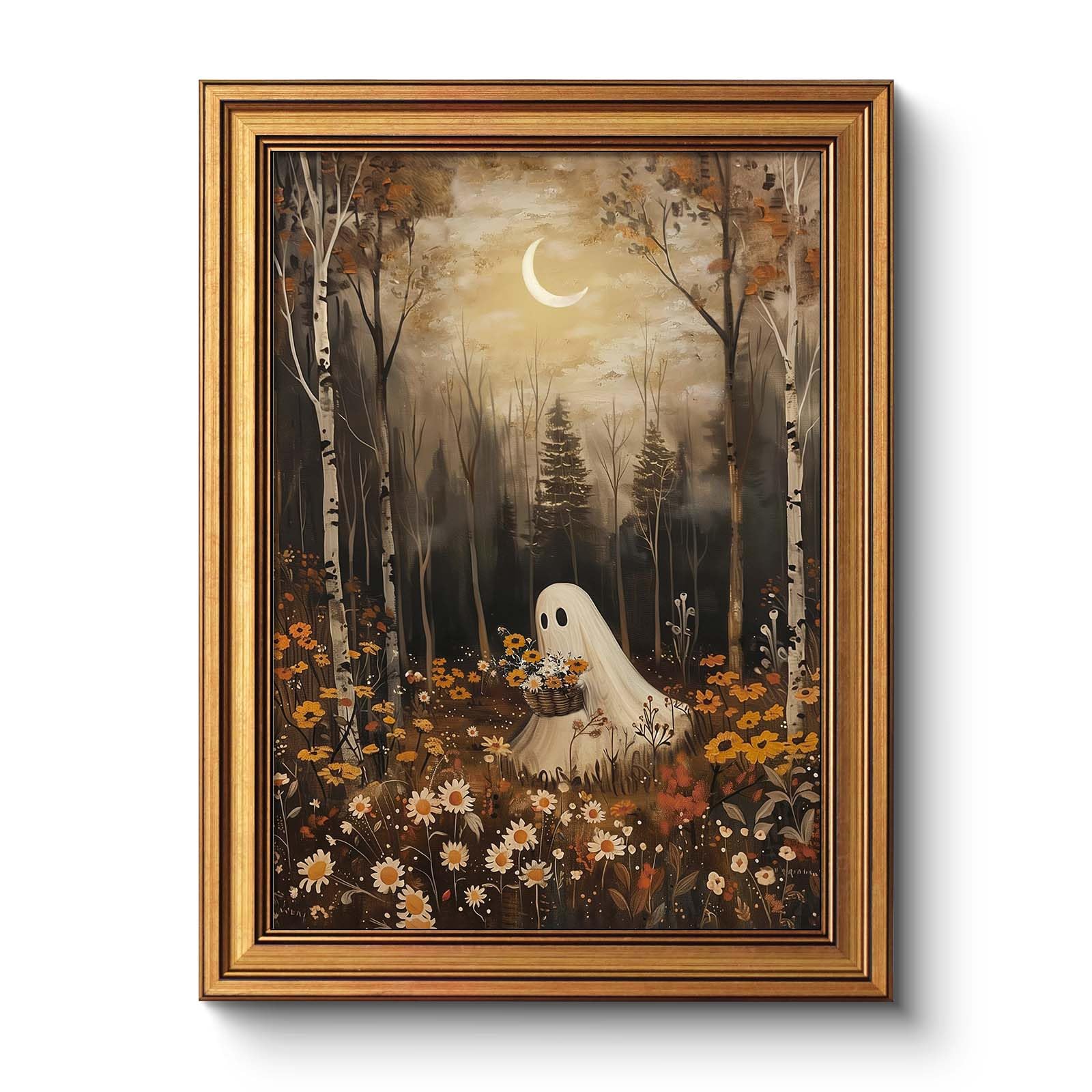 Gold Framed Vintage Halloween Canvas Wall Art Cozy Fall Forest Ghost Decor | Spo