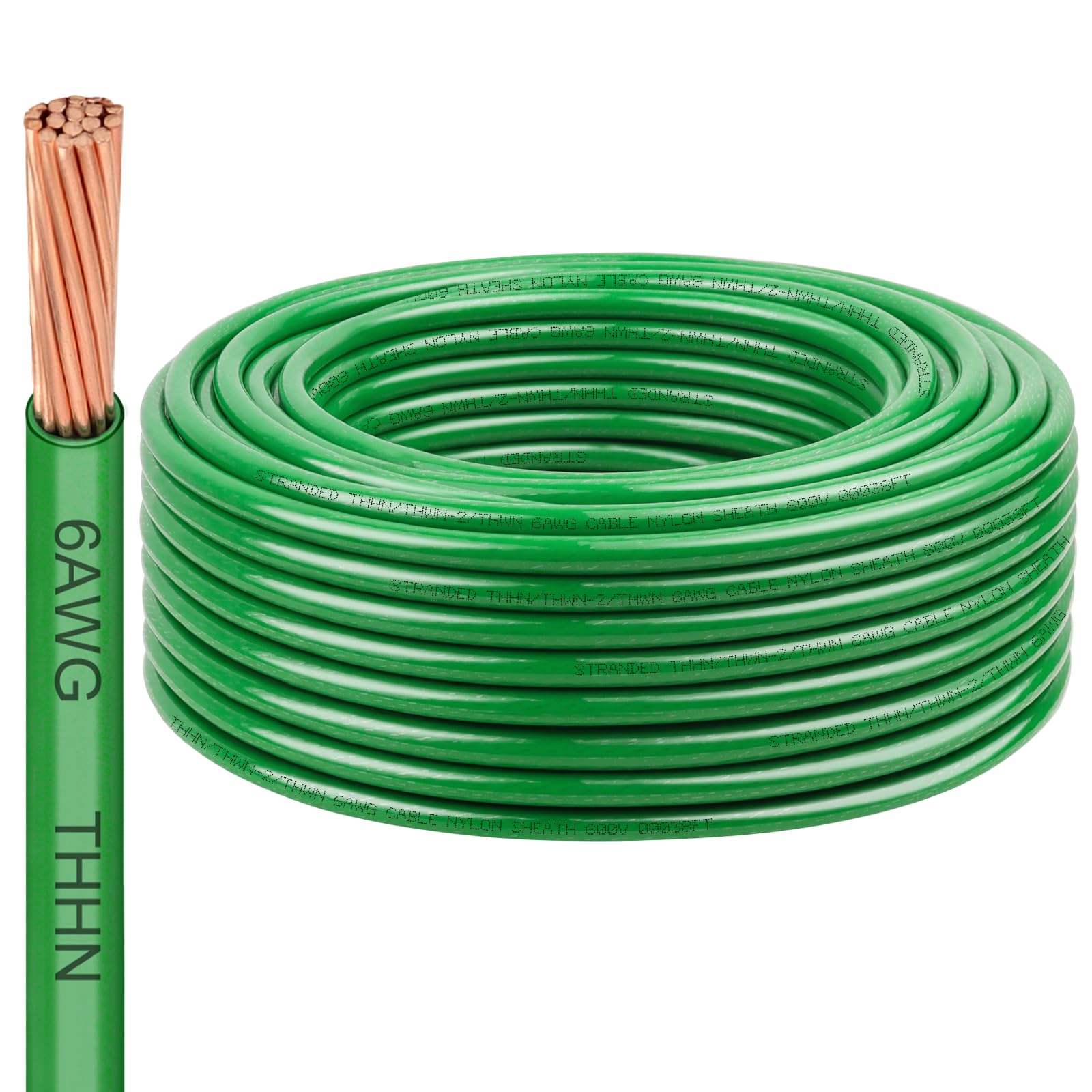 6 AWG THHN Stranded Bare Copper Wire 100FT Green Grounding Wire, Electrical Wire
