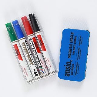 ANSIO Whiteboard Pens, Pack of 4 Dry Wipe Markers with Magnetic Eraser