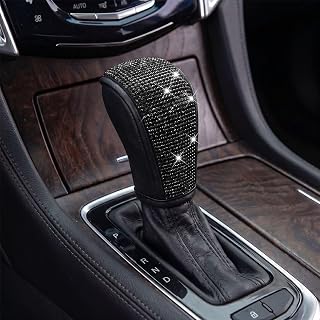 QIESCOL Bling Car Gear Shift Cover (Black) | Leather Anti-Scratch Automotive Shift Lever Protector, Sparkly Rhinestone Vehicle Gear Stick Decoration for Car, Truck, SUV