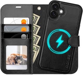 OCASE Case for iPhone 16 (2-in-1) Leather Shockproof Case, Black