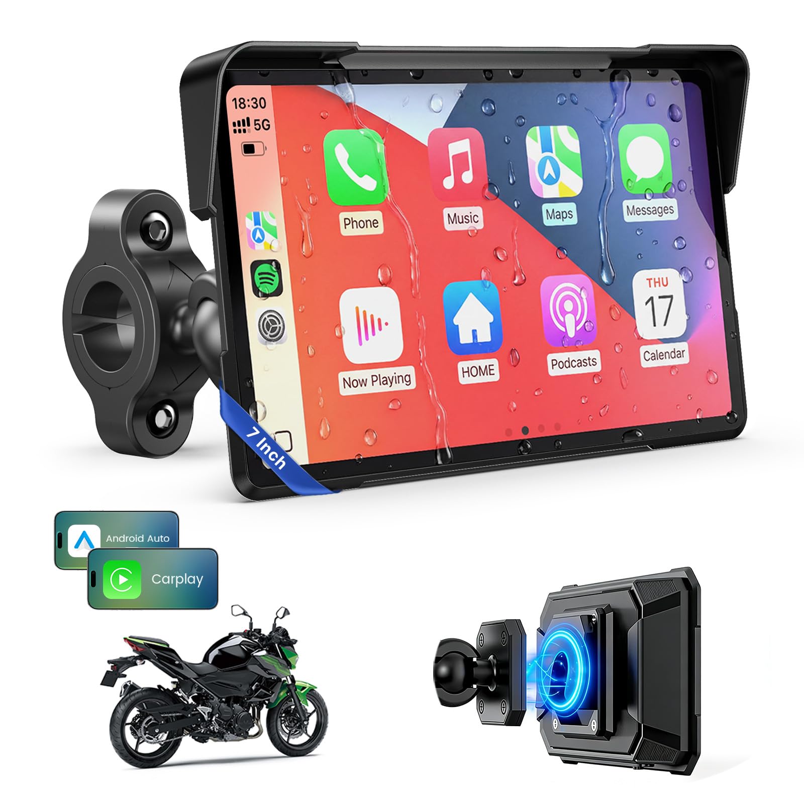 WonVon 7 Inch Wireless Motorcycle Carplay GPS Navigation System with Apple Carpl