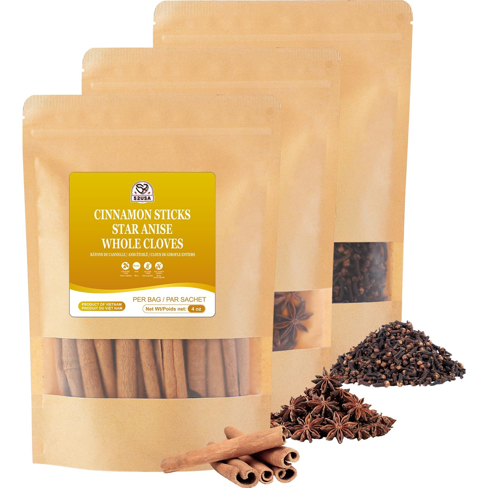 52USA Cinnamon Sticks, Star Anise, Whole Cloves, 4oz Each Spice Set | All Natura