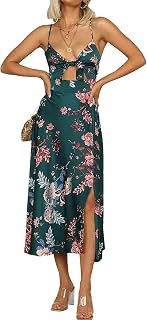 Fashionme Women's Floral Satin Midi Dress with Tie Front, Backless Split, Spaghetti Straps, Summer Casual, Dark Green