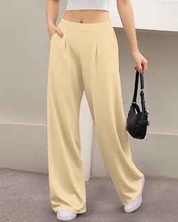 Womens High Waist Waffle Tummy Control Loose Fit Wide Leg Stretch Casual Elegant Pants