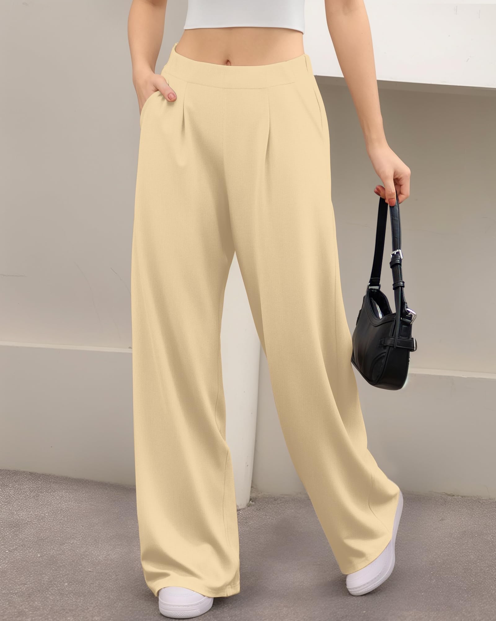 Womens High Waist Waffle Tummy Control Loose Fit Wide Leg Stretch Casual Elegant