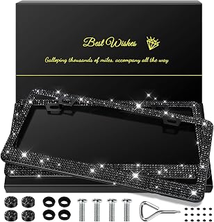 QUANQIUFEI 2 Pack Bling License Plate Frames for Women, Sparkly Rhinestone Diamond Car Accessories with Glitter Crystal Caps (Black)