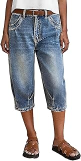 Flamingals Jeans Capri a gamba dritta a vita media per le donne lavaggio pieghettato alla moda jeans larghi in denim senza cintura