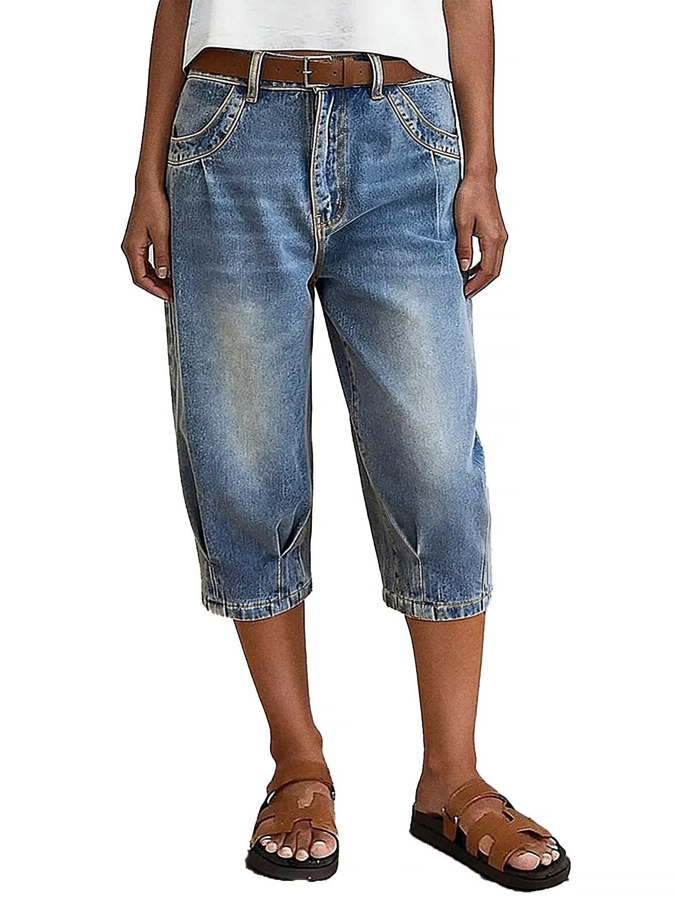Flamingals Jeans Capri a gamba dritta a vita media per le donne lavaggio pieghet