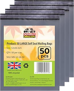 Double Dragon 50-Pack 12"x16" Self-Seal Grey Poly Mailer Bags |Self-Seal Shipping Envelopes | Strong, Waterproof, Tamper-Proof Polythene Packaging for Clothes, Bedding & Parcels (Also for Storage)