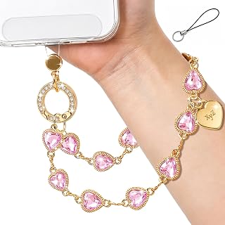 XYZ Heart Phone Charm Wrist Strap，Sparkle Phone Chain Wristlet，Pink | Faceted Heart Crystals, Rhinestone Ring Clasp, Gold Chain, Bracelet Charm Lanyard Strap for Bags & Keys, Gift for Girls