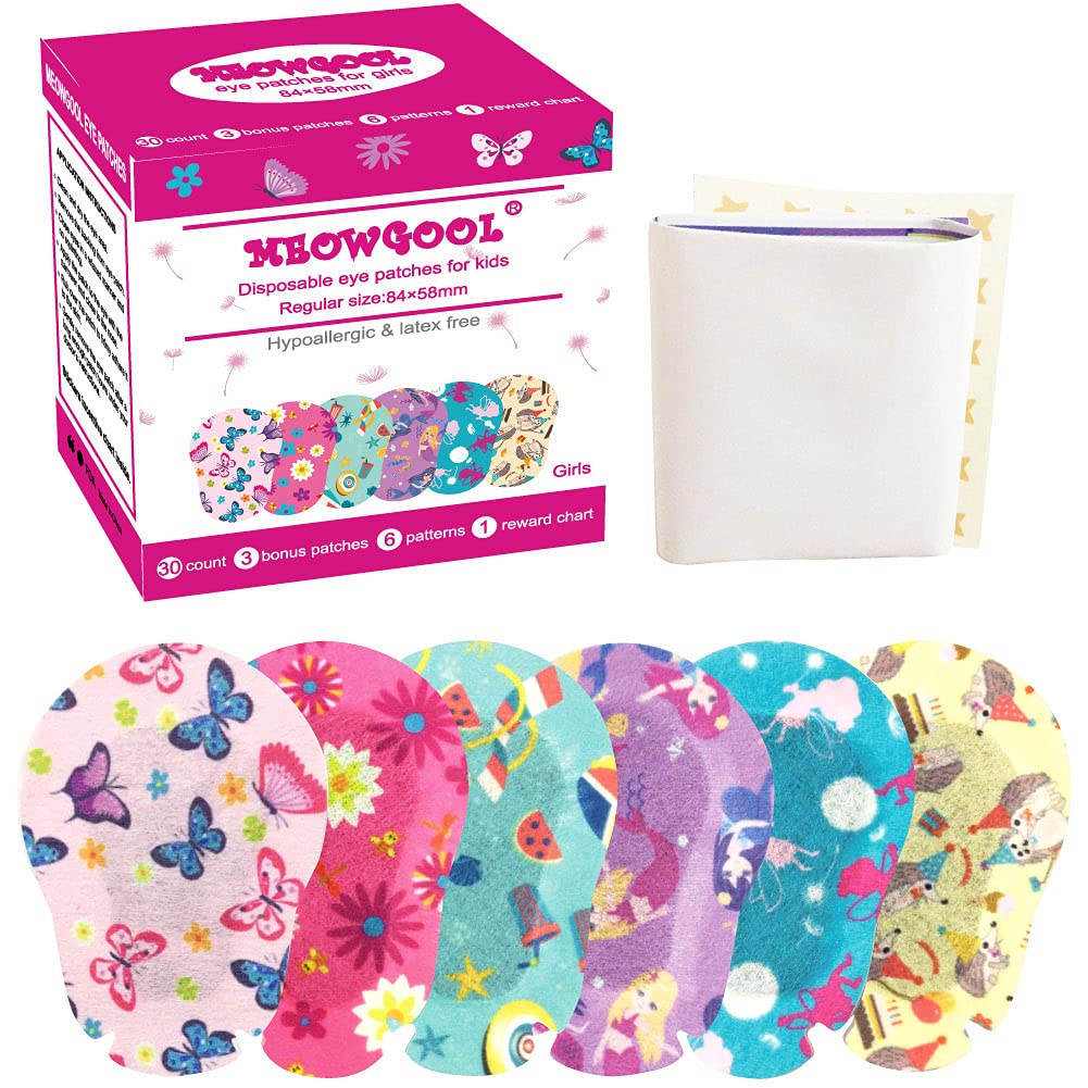 Meowgool Adhesive Eye Patches for Kids, 33/bx, Reg Size, 6 Girls’ Design | Adhes