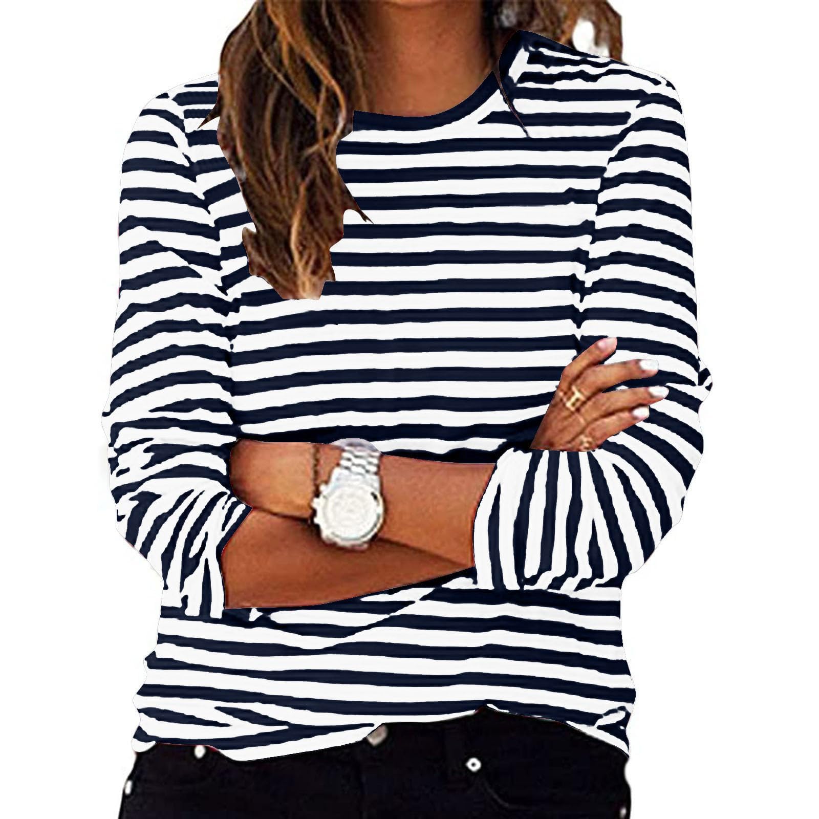 Striped Long Sleeve Top Women Crewneck Shirts UK Ladies Fashion Lightweight Pull