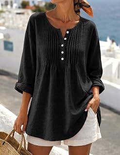 Women's Loose Long Tunic Blouse Henley Neck Pleated Button Down Roll Up Long Sleeve Casual Blouse