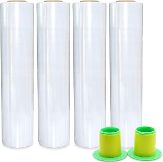 4 Pack Industrial Clear Pallet Stretch Wrap Cling Film 20mic x 400mm x 260m with Plastic Rolling Handle.Self Adhering Packing,Moving,Packaging,Heavy Duty Shrink Film,BOMEI PACK